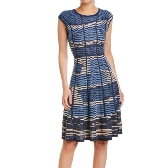 Nic & Zoe Blue Beige A-Line Retro Sweater Sleeveless Knit Knee-Length Dr… - Picture 1 of 10